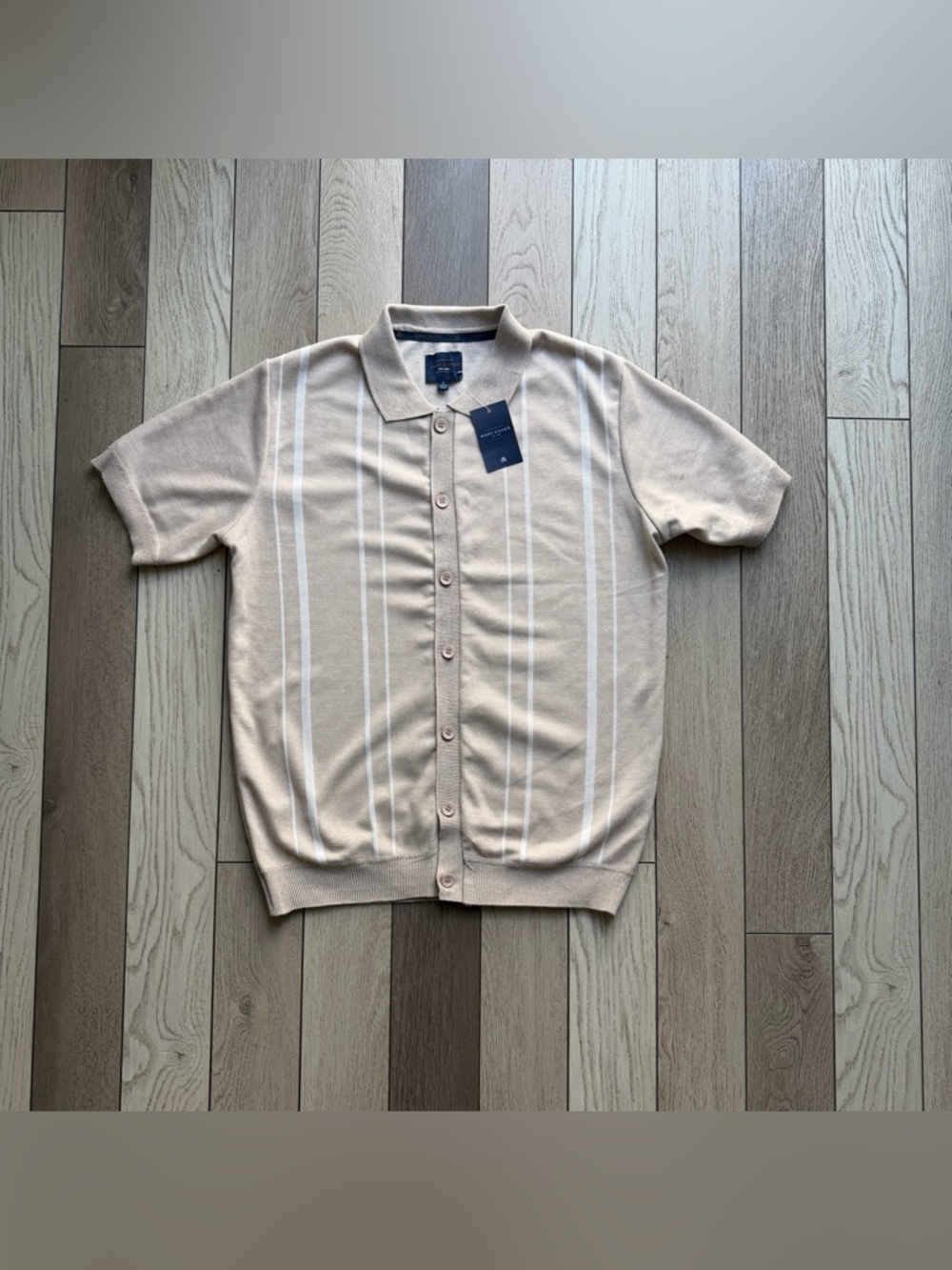 Marc Asher Men's Short Sleeve Button Polo in Beige with White Stripes size L NWT